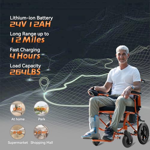 Lightweight Foldable Electric Wheelchair for Adults, Portable Power Chair, 12 Mile Range