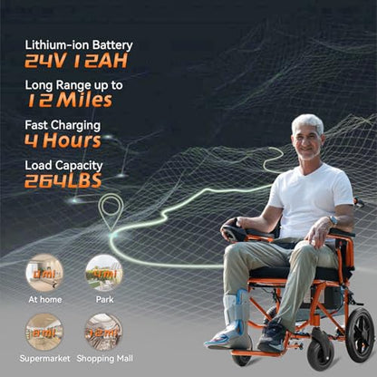 Lightweight Foldable Electric Wheelchair for Adults, Portable Power Chair, 12 Mile Range