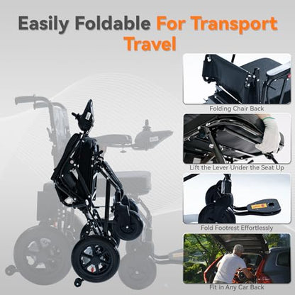 Lightweight Foldable Electric Wheelchair for Adults, Portable Power Chair, 12 Mile Range