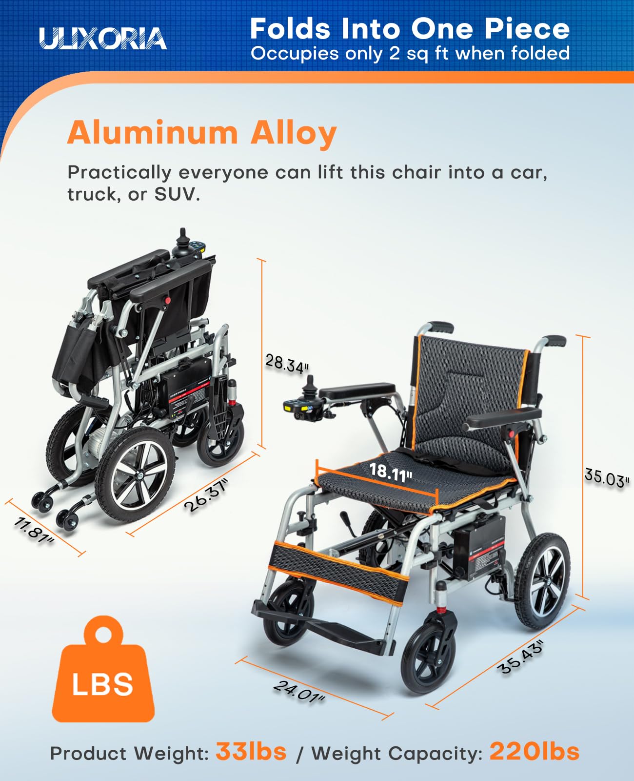 Ultra Lightweight Foldable Electric Wheelchair for Adults, 33 lb Portable Power Chair