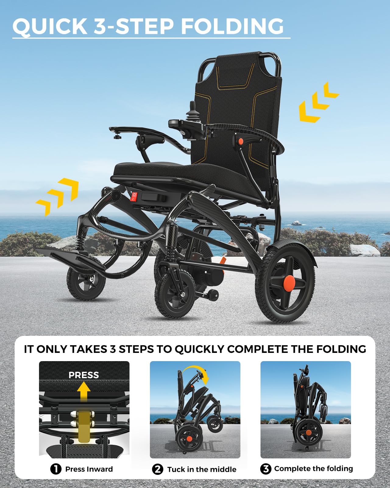 Foldable Electric Wheelchair for Adults, 35 lb Carbon Fiber Power Chair, 18 Mile Range